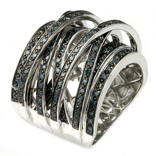 Sterling Silver 1ct TDW Blue Diamond Wide Cross-over Ring