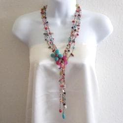 Cotton Butterfly on Flower Gemstones Lariat Wrap Necklace (Thailand)