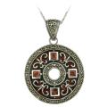 Glitzy Rocks Silver Marcasite Red Enamel and Garnet Disc Necklace