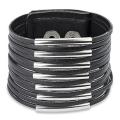 Black Leather and Steel Multi-strip Bracelet