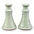 Set of 2 Celadon Ceramic 'Ivy Columns' Candleholders (Thailand)
