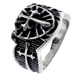 Stainless Steel Raised Cross Black Ring