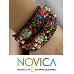 Set of 2 Brass 'Bold Brown Fortunes' Wristband Beaded Bracelets (Thailand)