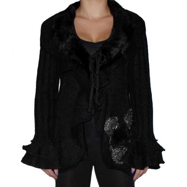 Forla Paris Womens Black Faux Fur Sweater  