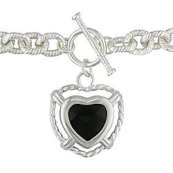 Silvertone Black Agate Heart and Beaded Chain Necklace