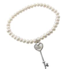 Sterling Silver Freshwater Pearl and Heart Key Charm Stretch Bracelet