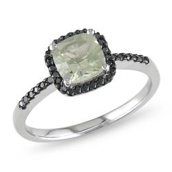 10k White Gold Green Amethyst and 1/6ct TDW Black Diamond Ring