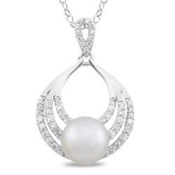 Sterling Silver Pearl and Cubic Zirconia Necklace (8.5-9 mm)