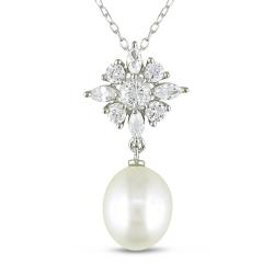 Sterling Silver Cubic Zirconia and Pearl Necklace (9-9.5 mm)