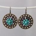 Antique Brass Round Turquoise Center Flower Earrings (Turquoise)