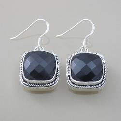 Sterling Silver Black Onyx Square Bali Dangle Earrings (Indonesia)