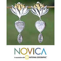 Sterling Silver 'Lotus' White Pearl Earrings (10 mm) (Indonesia)