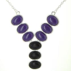 Silvertone Purple and Black Stone Drop Necklace