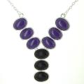 Silvertone Purple and Black Stone Drop Necklace