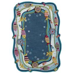 Hand-carved Alexa Kids Aqua Fish and Bubbles Blue Wool Rug (3'6 x 5'6)