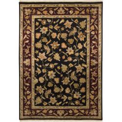 Hand-knotted Mandara Floral Black New Zealand Wool Rug (6' x 9')