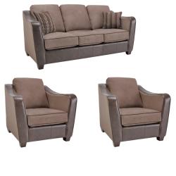 Jaden Chocolate/ Taupe Faux Leather/ Fabric Sofa and Two Chairs
