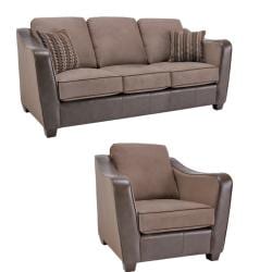 Jaden Chocolate/ Taupe Faux Leather/ Fabric Sofa and Chair