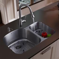Vigo Undermount Stainless Steel Kitchen Sink Faucet, Grid and Dispenser