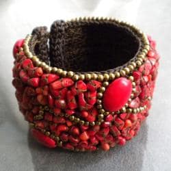 Cotton Rope Red Coral Brass Wire Cuff (Thailand)
