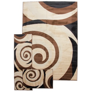 Contemporary Scrolls Waves Beige Ivory 3-piece Rug Set