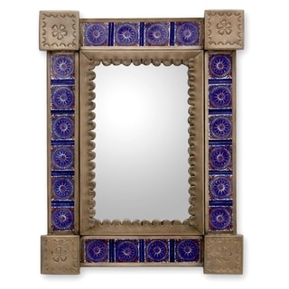Handcrafted Tin and Ceramic 'Colonial Blue' Wall Mirror (Mexico)