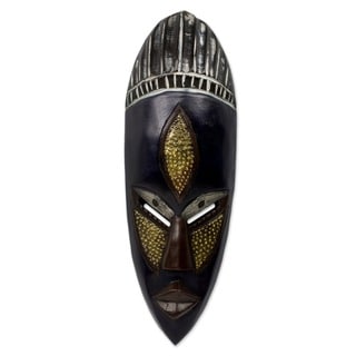 Handcrafted Sese Wood Brass 'Densu Priest' African Tribal Mask (Ghana)