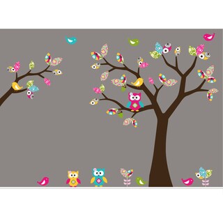Nursery Wall Art Girl's Leaf Tree Decal Set with Birds, Owls and Flowers