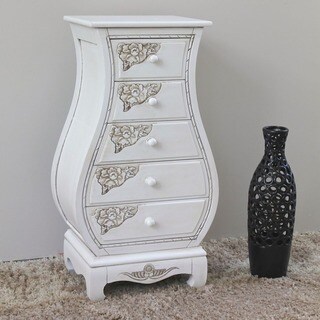 Deals International Caravan Antique White Carved Wood Five Drawer Jewelry Cabinet