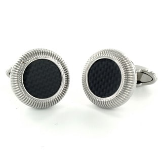 Steel Black Carbon Fiber Inlay Round Cuff Links