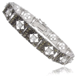 Silver Overlay Marcasite and Square Art Deco Cubic Zirconia Bracelet