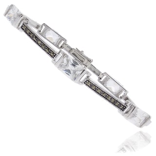 Silver Overlay Marcasite and Cubic Zirconia Bar Bracelet
