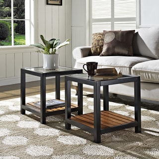 Glass Metal Antique Brown Wood Coffee Table (Set of 2)