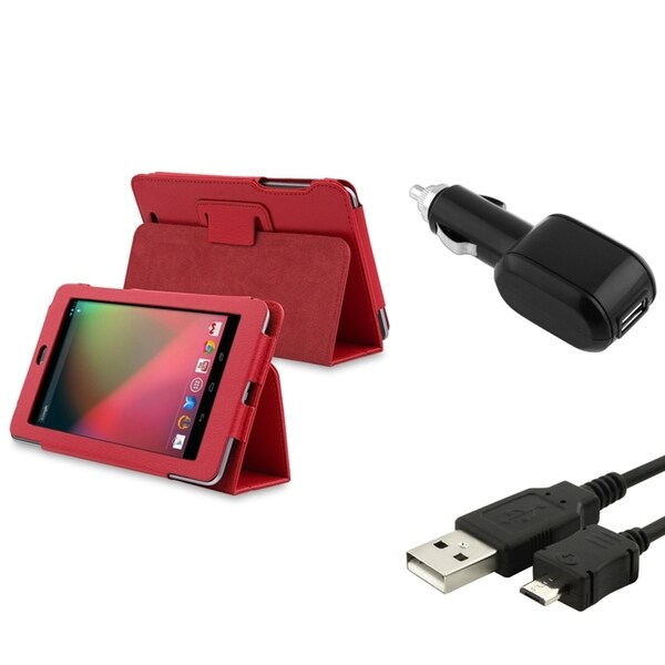 BasAcc Red Leather Case/ Car Charger/ Cable for Google Nexus 7