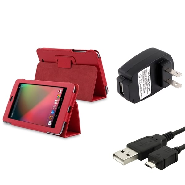BasAcc Red Leather Case/ Travel Charger/ Cable for Google Nexus 7