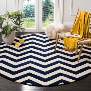 Handmade Chevron Dark Blue/ Ivory Wool Rug (7' Round)