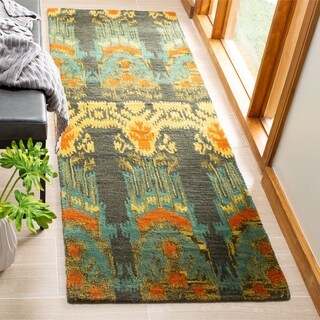 Handmade Ikat Olive/ Gold Wool Rug (2'3 x 8')