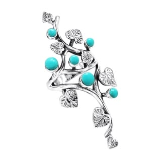 Sterling Silver Beautiful Vine Leaves Round Turquoise Ring (Thailand)
