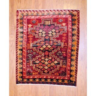 Persian Hand-knotted 1960s Tribal Hamadan Red/ Ivory Wool Rug (4'9 x 5'3)