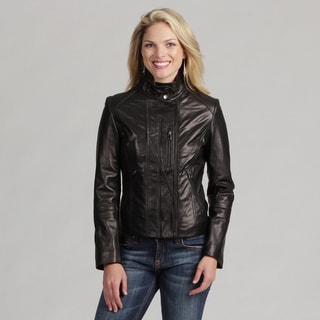 Collezione Women's Black Leather Stand Collar Jacket