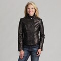 Collezione Women's Black Leather Stand Collar Jacket