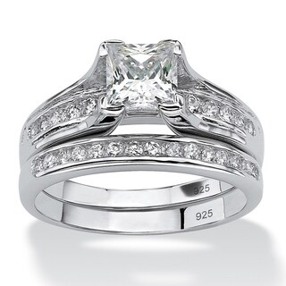 Ultimate CZ Platinum over Silver Princess-Cut and Channel-Set Round CZ Wedding Ring Set
