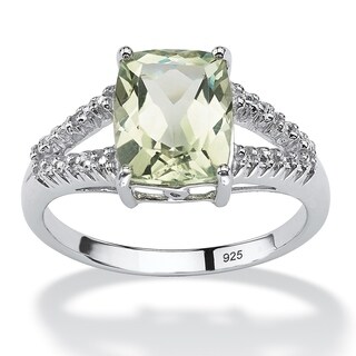 Angelina D'Andrea Platinum over Sterling Silver Green Amethyst and Diamond Accent Ring