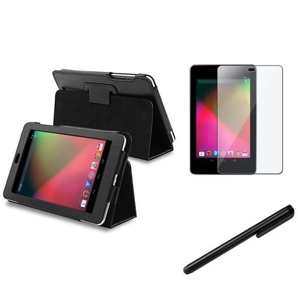 BasAcc Black Leather Case/ Stylus/ Screen Protector for Google Nexus 7