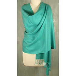 Wool and Silk 'Extravagant Aqua' Shawl (India)-Image