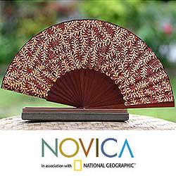 Silk 'Burgundy Fern' Batik Fan (Indonesia)