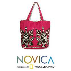 Cotton 'Hot Pink Garden' Medium Tote Handbag (India)