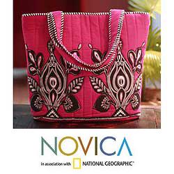 Cotton 'Hot Pink Garden' Medium Tote Handbag (India)