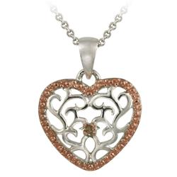 Gold over Silver Champagne Diamond Accent Filigree Heart Necklace