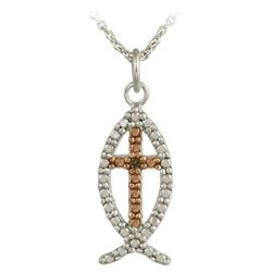 Rose Gold over Silver Champagne Diamond Accent Jesus Fish Necklace